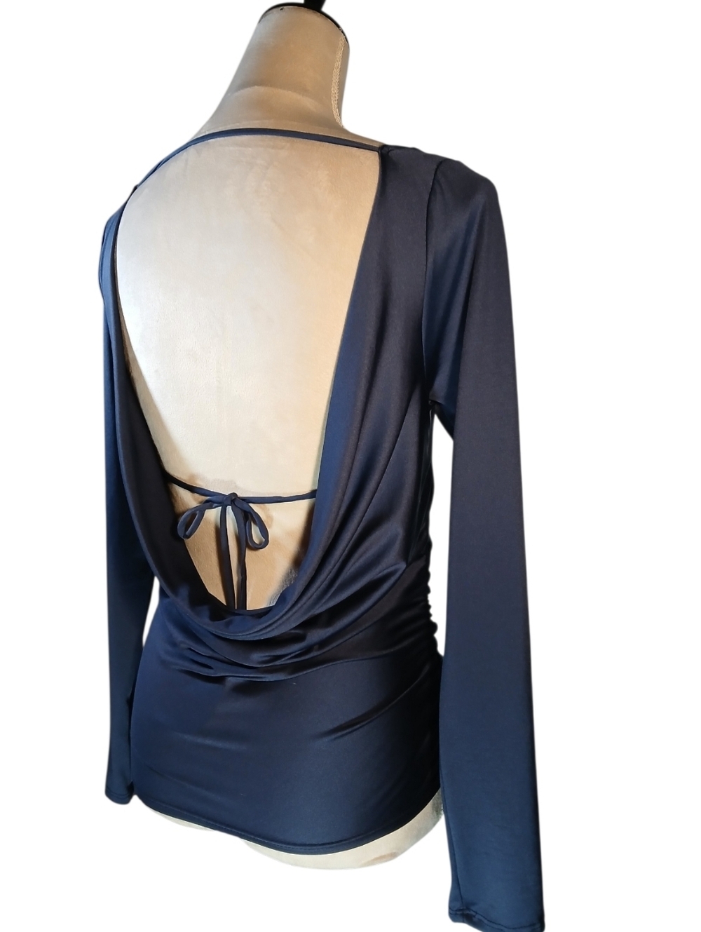 NWT GAZE Draped Plunge Back, Blue Blouse